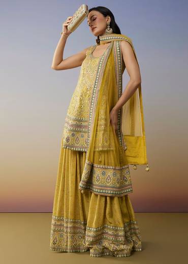 Lime Green Crepe Palazzo Suits with Indie Print Mirror Stone Gotta Lace Work