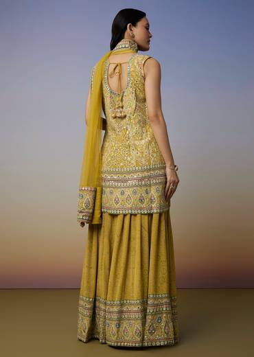 Lime Green Crepe Palazzo Suits with Indie Print Mirror Stone Gotta Lace Work