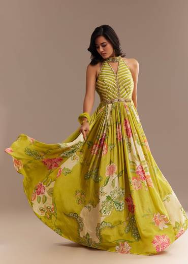 Lime Green Floral Printed Gown Set