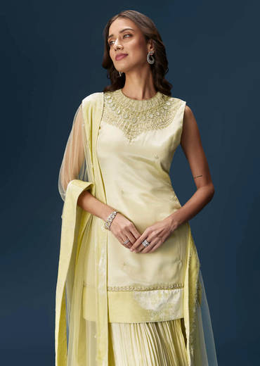 Lime Green Palazzo Suit With Embroidered Necklace