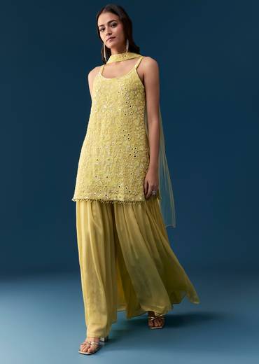 Lime Green Palazzo Suit With Mirror Sequins And Cut Dana Work