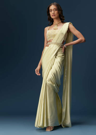 Lime Green Ready Pleated Saree With Belt And Blouse