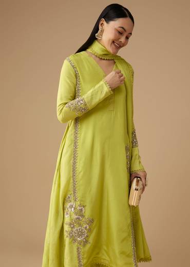 Lime Green Sequin Embellished Silk Anarkali Set