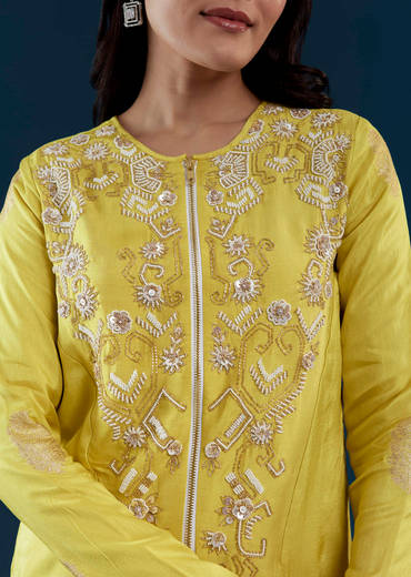 Lime Green Silk Crop Top and Pant Set with Moti Work