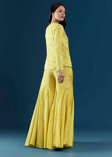 Lime Green Silk Crop Top and Pant Set with Moti Work