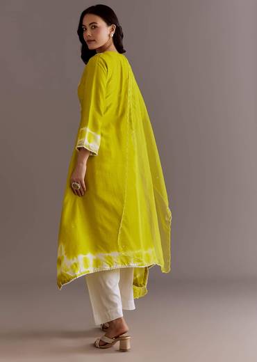Lime Green Silk Kurta Dupatta Set With Moti Work