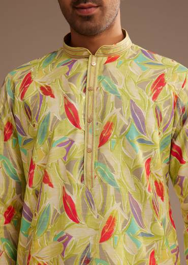 Lime Green Silk Leaf Printed Kurta Set