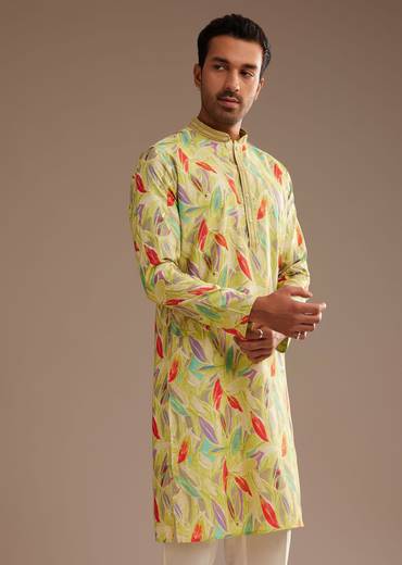 Lime Green Silk Leaf Printed Kurta Set