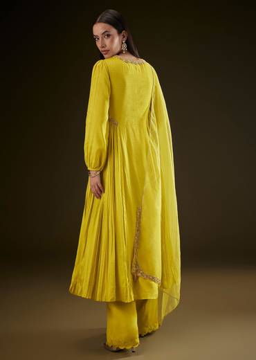 Lime Yellow Kurta With Ruching And Handwork