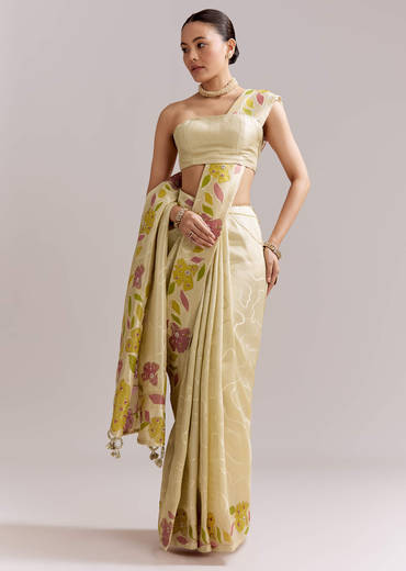 Lime Yellow Satin Saree With Digital Florals And Hand Embroidery