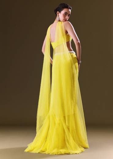 Lime Yellow Fishcut Skirt With One Shoulder Blouse And Tasseled Belt