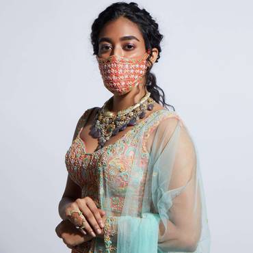 Tangerine Orange Face Mask With Sequins And Cut Dana Embroidered Buttis Online - Kalki Fashion