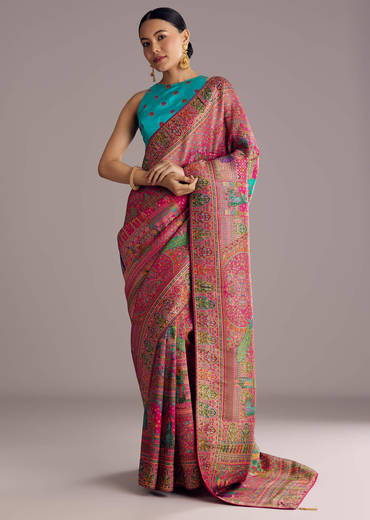 Magenta Dola Silk Saree With Traditional Prints