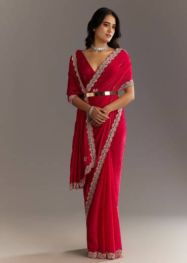 Magenta Gota Patti Embroidered Saree With Stones And Cutdana Work