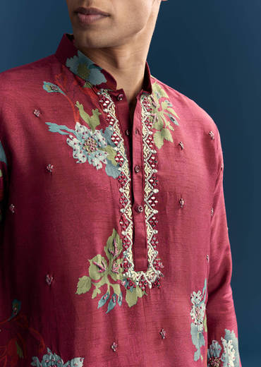 Magenta Silk Kurta Set For Men With Heavy Hand Work