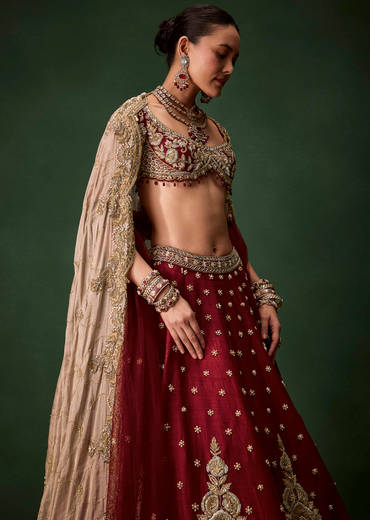 Maroon Bridal Patchwork Silk Lehenga Set with  Two Dupattas