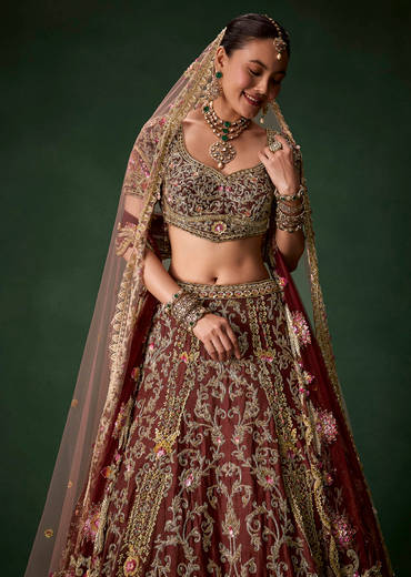 Maroon Bridal Silk Embellished Lehenga Set with  Two Dupattas