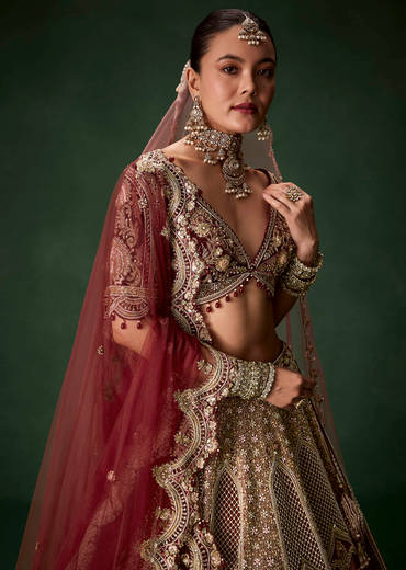 Maroon Bridal Silk Sequin Lehenga Set with  Two Dupattas