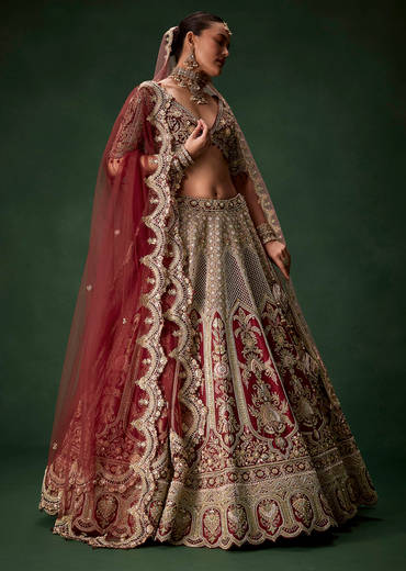 Maroon Bridal Silk Sequin Lehenga Set with  Two Dupattas