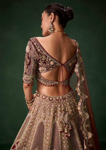 Maroon Bridal Silk Sequin Lehenga Set with  Two Dupattas