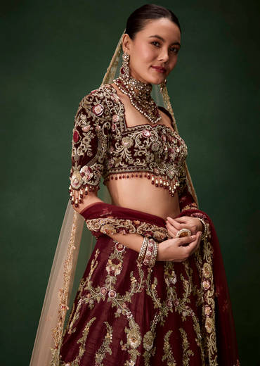 Maroon Bridal Silk Zardozi Lehenga Set with  Two Dupattas