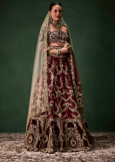 Maroon Bridal Silk Zardozi Lehenga Set with  Two Dupattas