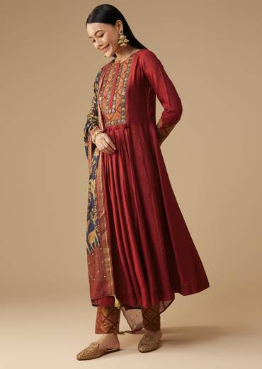 Maroon Brocade Detail Anarkali Set
