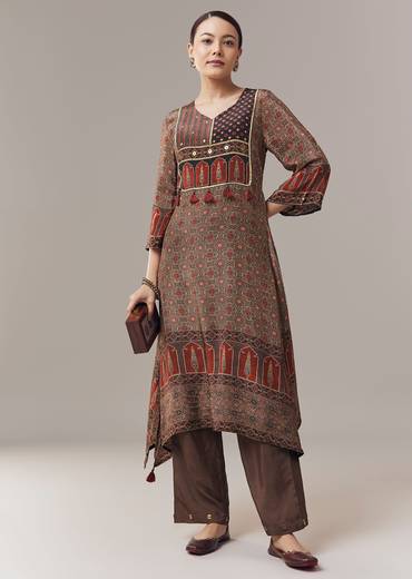 Maroon Coord Set In Ajrakh Print With Sequins Work