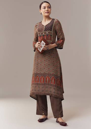 Maroon Coord Set In Ajrakh Print With Sequins Work