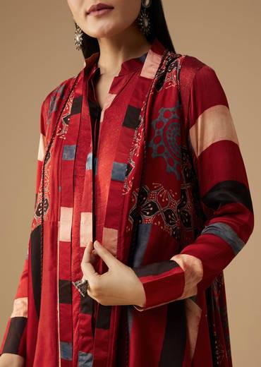 Maroon Hand Dyed Ajrakh Jacket, Shirt and Dhoti Set