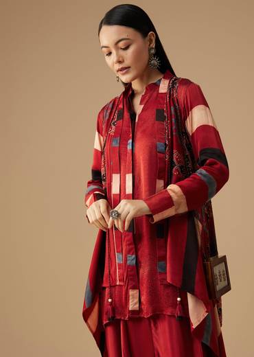 Maroon Hand Dyed Ajrakh Jacket, Shirt and Dhoti Set