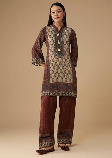 Maroon Indie Printed Crepe Kurta and Pant Set
