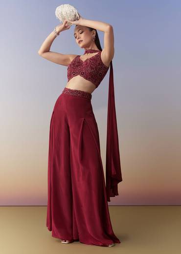 Maroon Indo Western Crop Top Palazzo and Dupatta Set