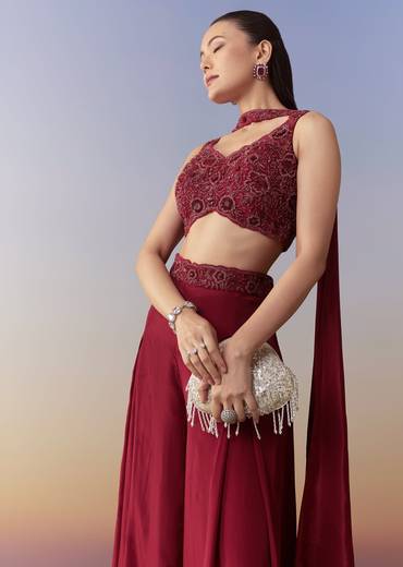 Maroon Indo Western Crop Top Palazzo and Dupatta Set
