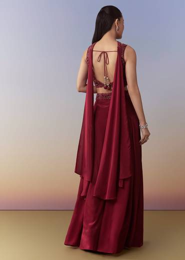 Maroon Indo Western Crop Top Palazzo and Dupatta Set