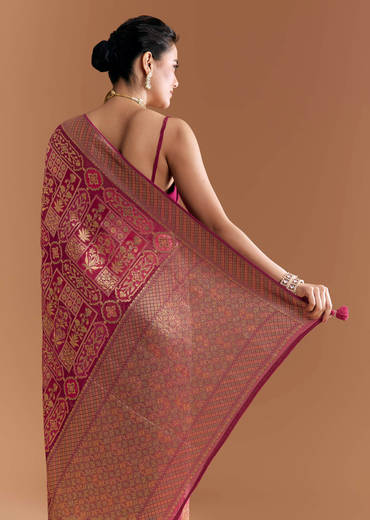 Maroon Khadhi Georgette Saree With Floral And Geometric Zari Work