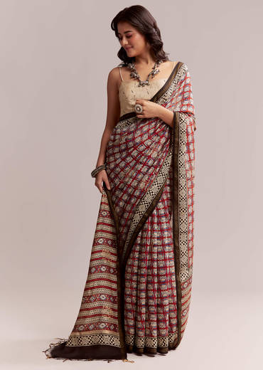 Maroon Linen Printed Saree With Traditional Ajrakh Print