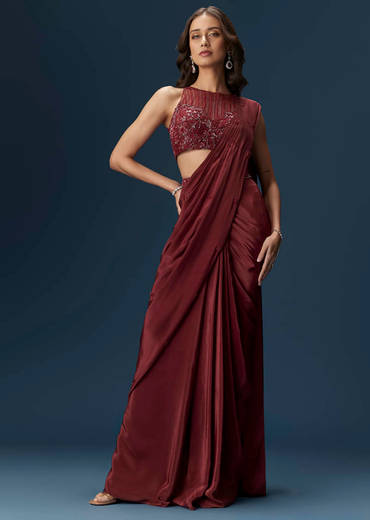 Maroon Ready Pleated Saree With High Neck Blouse