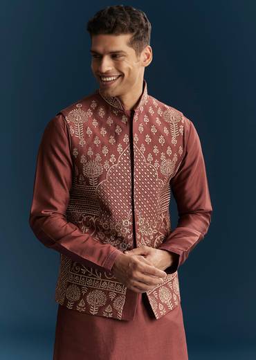 Maroon Red Silk Kurta Jacket Set With Thread Detail Work