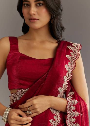 Maroon Satin Embroidered Saree With Scallop Border