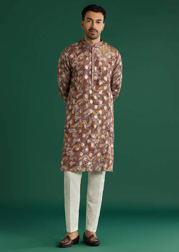 Maroon Silk Kurta Set For Men With Floral Motif Print