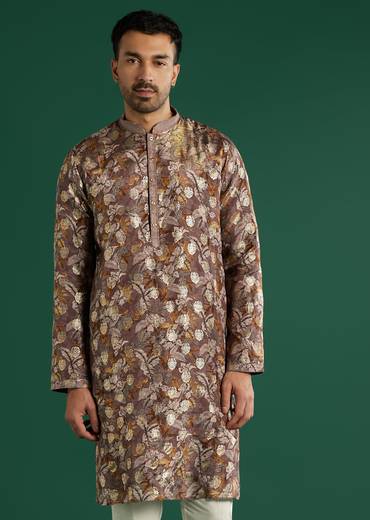 Maroon Silk Kurta Set For Men With Floral Motif Print