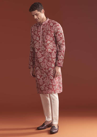 Maroon Silk Kurta Set For Men With Floral Thread Work