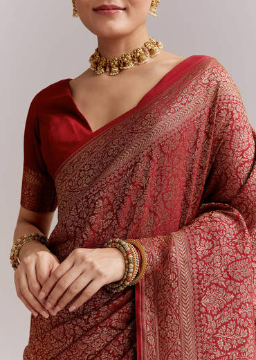 Maroon Silk Woven Brocade Saree With Zari And Floral Border
