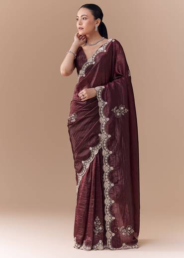 Maroon Tissue Embellished Saree with Blouse Fabric