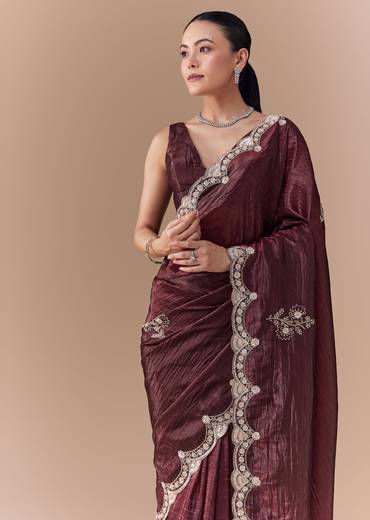 Maroon Tissue Embellished Saree with Blouse Fabric