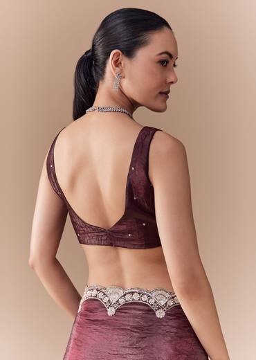Maroon Tissue Embellished Saree with Blouse Fabric