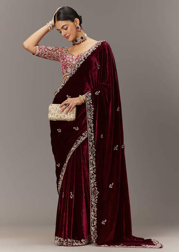 Maroon Saree In Velvet With Brocade Embroidered Blouse