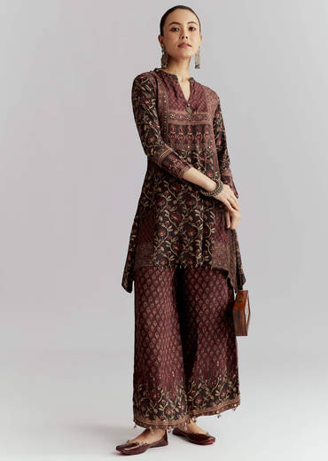 Maroon Viscose Co Ord Set With Floral Print