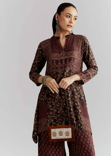 Maroon Viscose Co Ord Set With Floral Print
